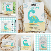 It's a Boy, Cute Watercolor Dinosaur Baby shower  Kaart