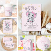 Watercolor Elephant Baby Shower Girl Pink Kaart