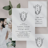 DAPHNE Greenery Zwart Wit Crest Monogram Huwelijk Programmakaart