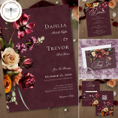 Dark Elegant Autumn Floral Burgundy Wedding Kaart