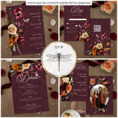 Dark Elegant Autumn Floral Burgundy Wedding Dinner RSVP Kaartje
