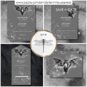 Dark Halloween Glam Bat & Diamonds QR Code All In One Uitnodiging