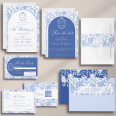 Crest Monogram Delft Blue Floral Script Save The Date