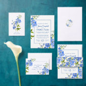 Delfineblauwe bloemen en goudzomerbruiloft folie uitnodiging (Personaliseer de collectie van deze zelfstandige maker.)