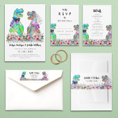 Boho Wildflower Dinosaur Bruid en bruidegom bruilo Kaart