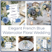 Elegante Franse Blauwe Roos Waterverf Trouwfeest Menu