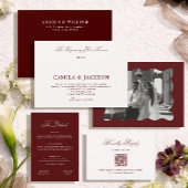 Modern Ivory and Burgundy Wedding RSVP Qr Code Informatiekaartje