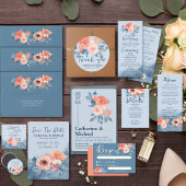 Dusty Blue & Coral Pink Waterverf Bloemenbruiloft All In One Uitnodiging