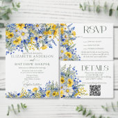 Elegant Stoffig Blauw Geel Wildbloemen Boho Bruilo Kaart (Personaliseer de collectie van deze zelfstandige maker.)