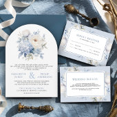 Dusty Blauw en Wit Bloemen QR Code Foto Huwelijk Kaart