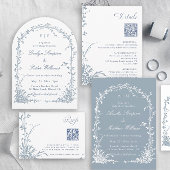 Dusty Blue Romantic Botanical Arch Garden Wedding RSVP Kaartje