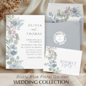 Elegant Dusty Blue Watercolor Floral Wedding Kaart