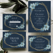 Bloemen Stoffig Blauw Marine Goud Winter Bruiloft Bedankkaart
