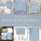 Monogram Elegant Dusty Blue en Gold Wedding All In One Uitnodiging