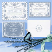 Stoffig blauw papel picado Baby shower Luier Raffl Informatiekaartje