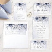 Dusty Blue en Navy Floral Elegant Bridal Brunch Kaart