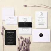 Formele Classy Zwart-wit Monogram Crest Bruiloft Menu (Personaliseer de collectie van deze zelfstandige maker.)