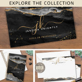 Zwart Agaat Goud Glitter Script Monogram Vierkante Visitekaartje