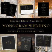 Elegant zwart en goud monogram bruiloft diner menu