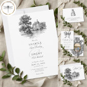 Elegant Black White Toile French Manor Wedding Bedankkaart