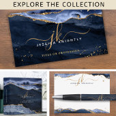 Blue Agate Elegant Script Monogram Gold Glitter Notitiekaartje