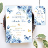 Quinceañera Blauw Bloemen Goud Lijst Vlinderkroon Kaart