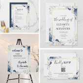 Elegant Stof Blauw en Gouden Bloemen Bruiloft Gastenboek