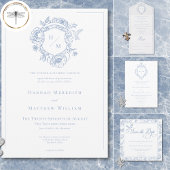Elegante blauwe Chinoiserie Bird Crest Border Wedd Kaart