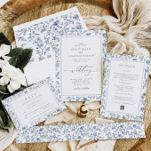 Elegant Crest Blue Chinoiserie Wedding Kaart