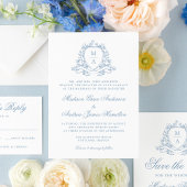 Elegante Floral Crest Monogram Blauw Huwelijk Ronde Sticker