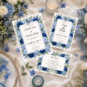 Elegante Blauwe Bloemige Bruiloft Save The Date