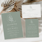 Elegante Maan en Sterren Sage Groene Bruiloft Webs Informatiekaartje
