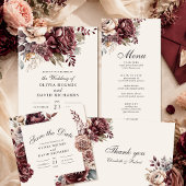 Elegante Burgundy & Stof Roze Bloemige Trouwmenu Menu