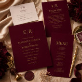 Minimalistisch Burgundy Gouden Monogram Trouwmenu Menu