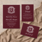 Monogram Crest Burgundy Wedding Return Address Etiket (Personaliseer de collectie van deze zelfstandige maker.)
