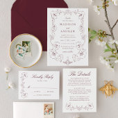 Elegant Burgundy Ornate Floral QR Code Wedding RSVP Kaartje