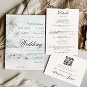 Elegant Tropical Palm Watercolor Beach Wedding Kaart