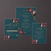 Elegant Donker Blauwgroen Bourgogne Bloemenbruilof Informatiekaartje (Personaliseer de collectie van deze zelfstandige maker.)