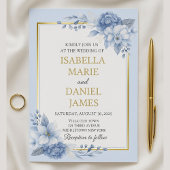 Poederblauw Bloemen Huwelijk, Elegant Goud Accent Kaart