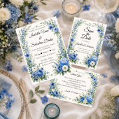 Elegant Stofblauw Bloem Bruiloft Kaart