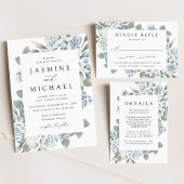 Elegant Dusty Blue Floral Wedding All In One Uitnodiging