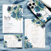 Elegant stoffig blauw goud Floral bruiloft program Programmakaart