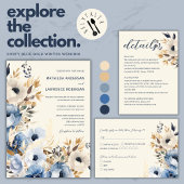 Elegante stoffige blauwe gouden winter bloemenbrui informatiekaartje