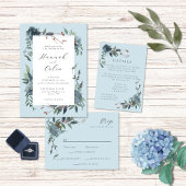 Elegante stoffige blauwe marine botanische tuin all in one uitnodiging