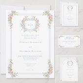 Elegant Dusty Blue Pastel Wildflower Crest Wedding Sparkling Wijnetiket