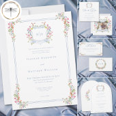 Elegant Dusty Blue Pastel Wildflower Crest Wedding Menu