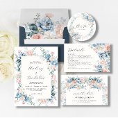 Dusty Blue en Peach Elegant Bloemen Huwelijk Kaart