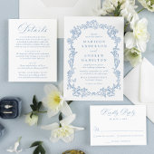 Elegant Dusty Blue Victorian Floral Wedding RSVP Kaartje