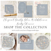 Elegant Dusty Blue QR Code Wildflower Baby Shower Kaart