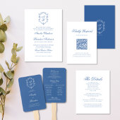 Wit & Blauw Monogram Crest Formeel Script Trouwen Kaart